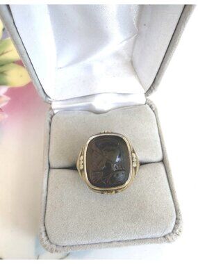 Vintage 40's Mens Sterling Gold Brown Agate Itaglio Roman Soldier Ring Sz 9.5